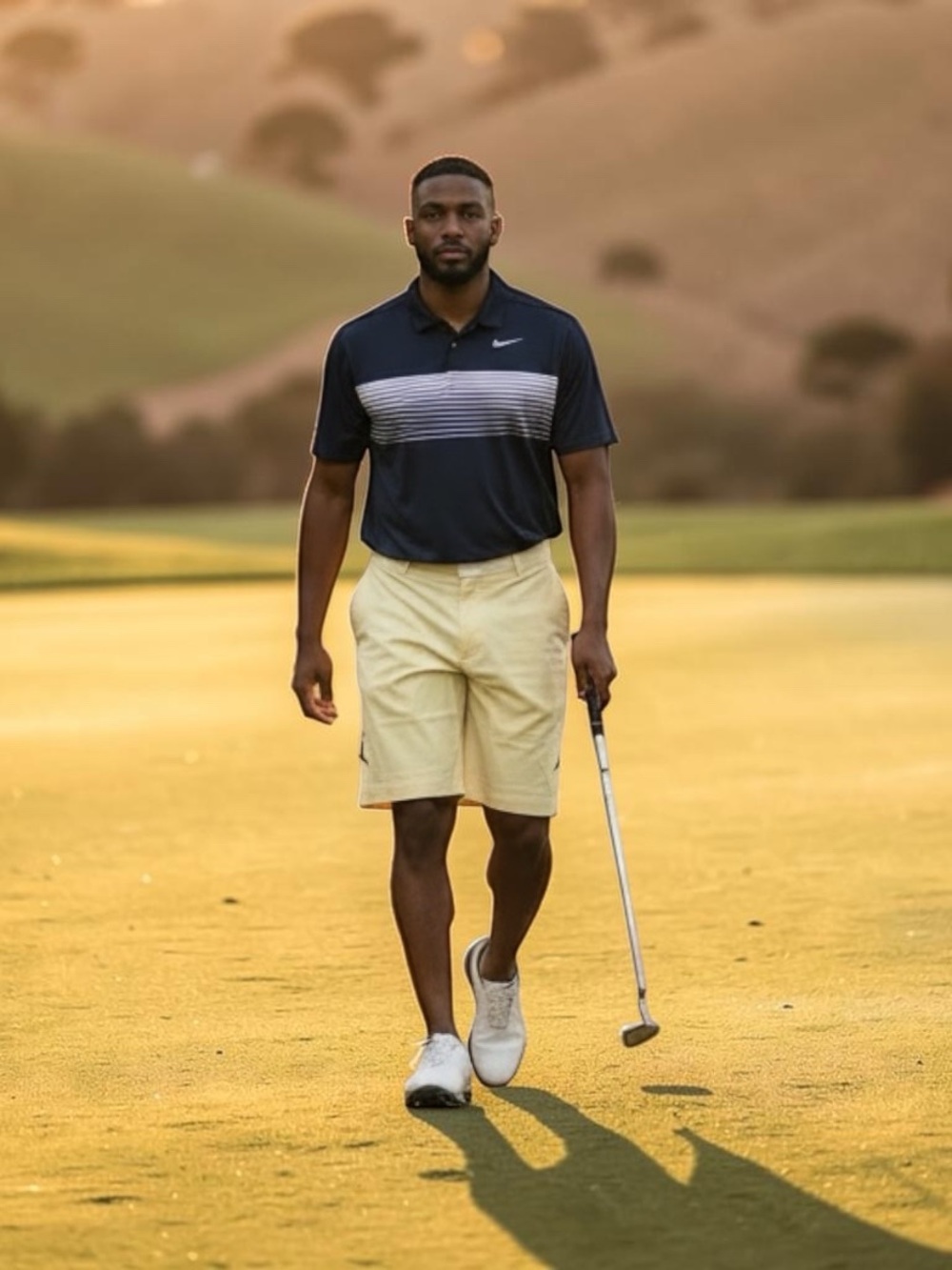 Nike Black Polo with White Stripe & Cream Jordan Shorts. Great golf outfit.
